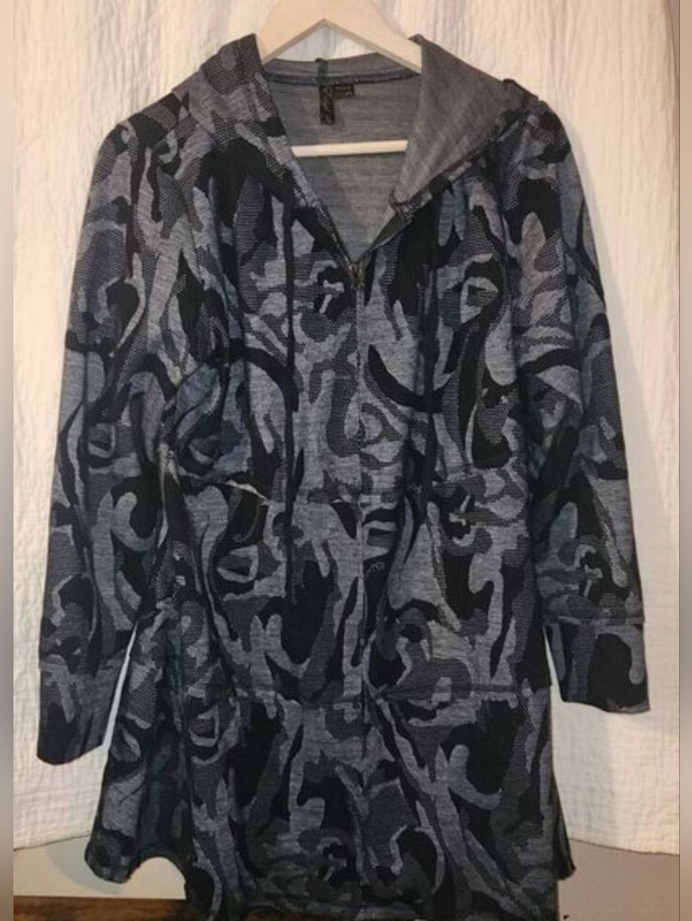 H18 Ethyl Gray & Navy Abstract Camo Print long stylish Full Zip Hoodie